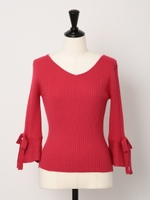 袖フリルリボンニット/赤
