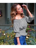 【Latina】ギャザーシャーリングオフショルダートップス/ホワイト/ブラック(058)