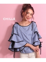 【CHILLE】パイピングギンガムフリルトップス/ブルー(019)