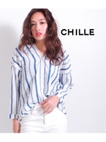 【CHILLE】マルチストライプ両Vネックシャツ/ブルー(019)