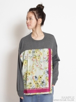 ヴィンテージスカーフプリントシフォンMIXニットプルオーバー/杢グレー