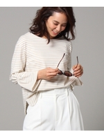 【洗える】袖シャーリングボーダートップス/ライトベージュ(351)