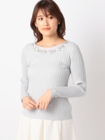 刺繍ネックリブニット/ネイビー
