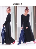 【CHILLE】長袖カットマキシワンピース/グレー(006)