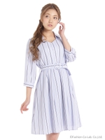 七分袖ストライプシャツワンピース/サックス