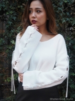 袖レースアップニットトップス/WHT