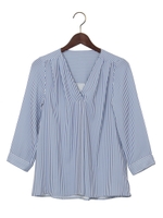 トロミタック Vネック ブラウス/ブルー/オフホワイトA