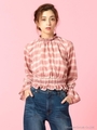 チェック柄シャーリングブラウス/レッド