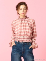 チェック柄シャーリングブラウス/レッド
