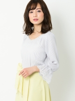 袖刺繍ビジューブラウス/青系