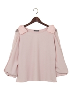 梨地 ポンチ 肩リボン 袖割れ 8分袖 トップス/オフホワイト