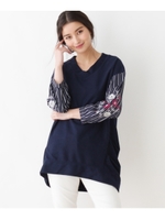 ストライプ袖刺繍プルオーバファブリック/ネイビー(093)