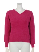 Vネックシャギーニットプルオーバー/フューシャピンク