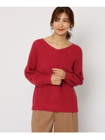 Vネックパフ袖ニット/レッド(062)