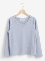 Vネックレースリブトップス/ブルー