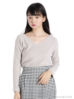 Vネック片畦編みニット/ライトグレー