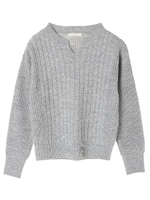 ・キーネックケーブルニットプルオーバー/杢グレー