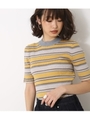 【AZUL BY MOUSSY】ハイネックリブマルチボーダー5分袖ニットプルオーバー/柄YEL