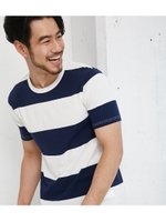 【AZUL BY MOUSSY】太ボーダー天竺クルーネック半袖T/柄NVY