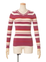 【F i.n.t】マルチボーダーVネックニットプルオーバー/PINK