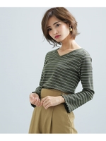 【WEB限定】Vネックメローマルチボーダーカットトップス/モスグリーン