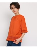 【洗える】コットンボイル5分袖刺繍レースブラウス/オレンジ(067)