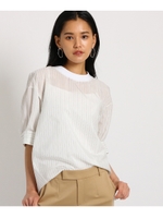 【洗える】ストライプクルーネックブラウス/ホワイト(301)