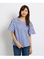 【洗える】タイプライターワイドストライプブラウス/ブルー(292)