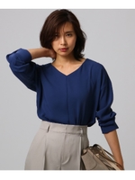【洗える】ダブルクロスVネックブラウス/ブルー(092)