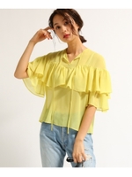 【洗える】ティアードシフォンブラウス/レモンイエロー(031)