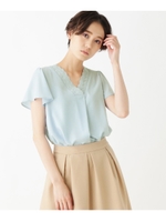 【洗える】胸レースジョーゼットブラウス/ライトブルー(091)