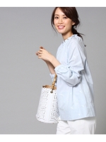 ◆[L]【洗える】小鳥刺繍 スモックシャツ/サックス(090)