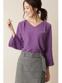 ◆[洗える]タックフレアスリーブブラウス/パープル(080)