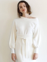 アシンメトリ-ボリュームスリーブニットプルオーバー/WHT