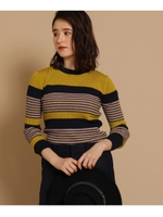 ウール混マルチボーダーリブニット/マスタード×ネイビー×パープル(333)