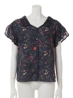 ガーベラ柄ぬけ衿ブラウス/ネイビー