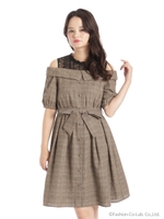 グレンチェック肩見せシャツワンピース/Bガラ