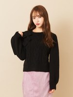 ケーブルリボンニットトップス/ブラック