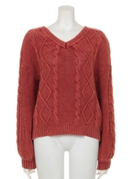 ストーンウォッシュケーブルニットTOPS/D/RED