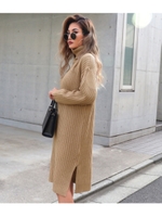 タートルネックリブニットワンピース/ベージュ(005)