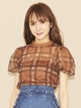 チェックボリュームスリーブブラウス/ブラウン