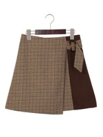 チェック切替ラップ台形スカート/ライトブラウン