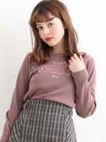 チュール刺繍リブトップス/モカ