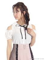 ドットハートリボン肩あきブラウス/ホワイト