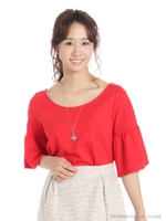 ネックレス付袖フレアカットソー/レッド