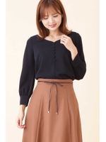 ハートネックフロント釦パフブラウス/ネイビー(120)