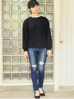 フリルネックmixプルオーバー/ブラック