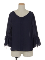 ベルスリーブギャザーリボンブラウス/紺