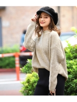 【CHILLE】ミックス地裾スリット入りニットトップス/ブラック(027)