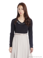 ランダムリブビジューネックニットトップス/コン